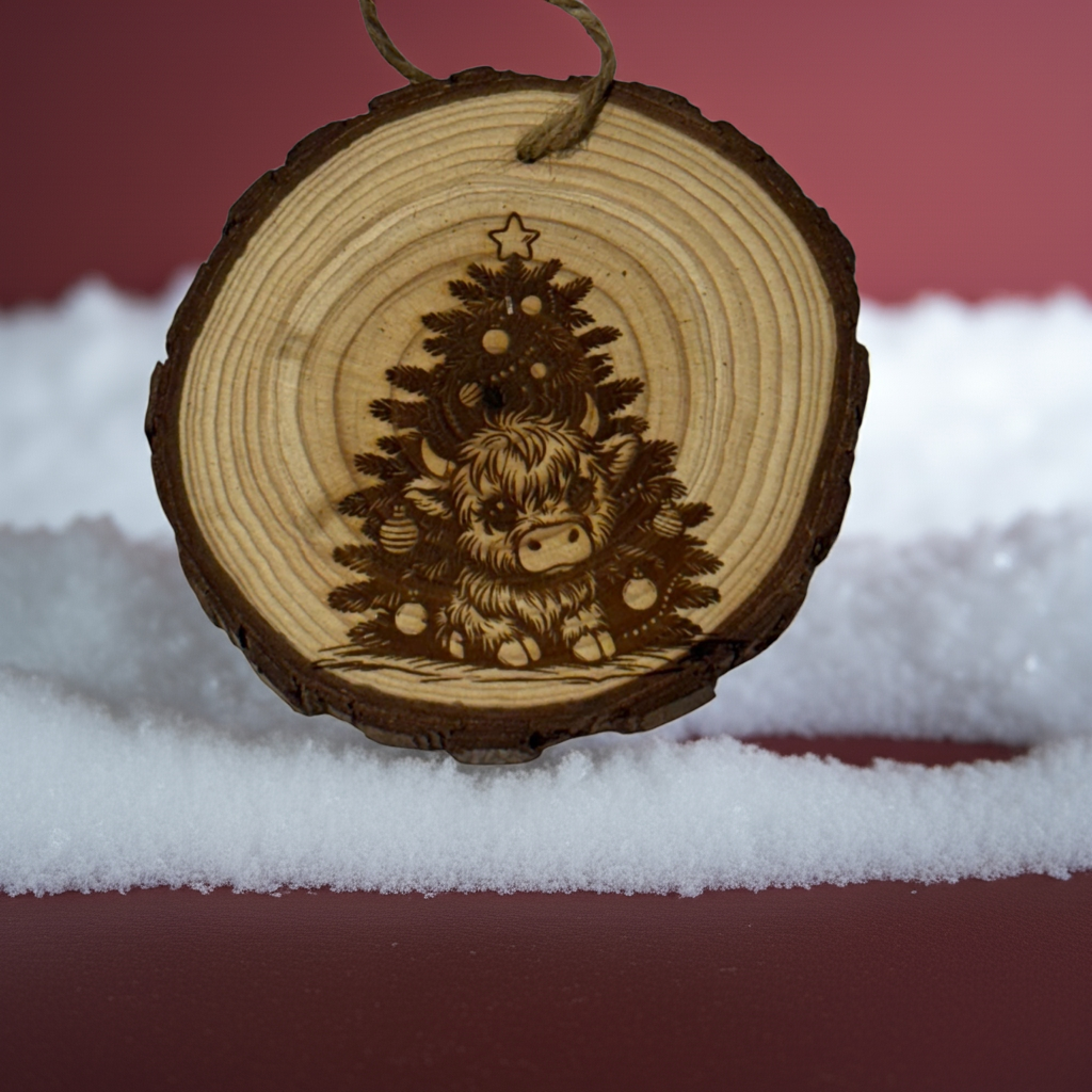 Highland Cow Christmas Ornament – Limited Edition Engraved Wood Slice (Rustic 3–4”)