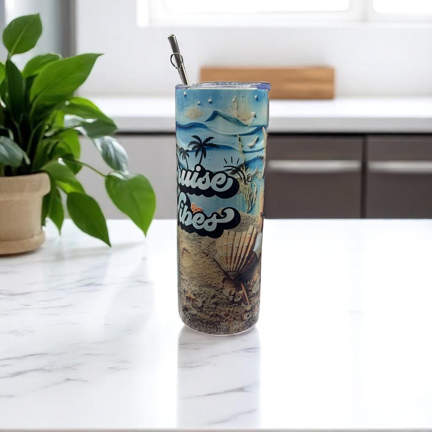 Cruise Vibes Tumbler – 20oz Tropical Beach Travel Mug – Vacation Gift for Her – Ocean Theme Stainless Steel Cup with Straw