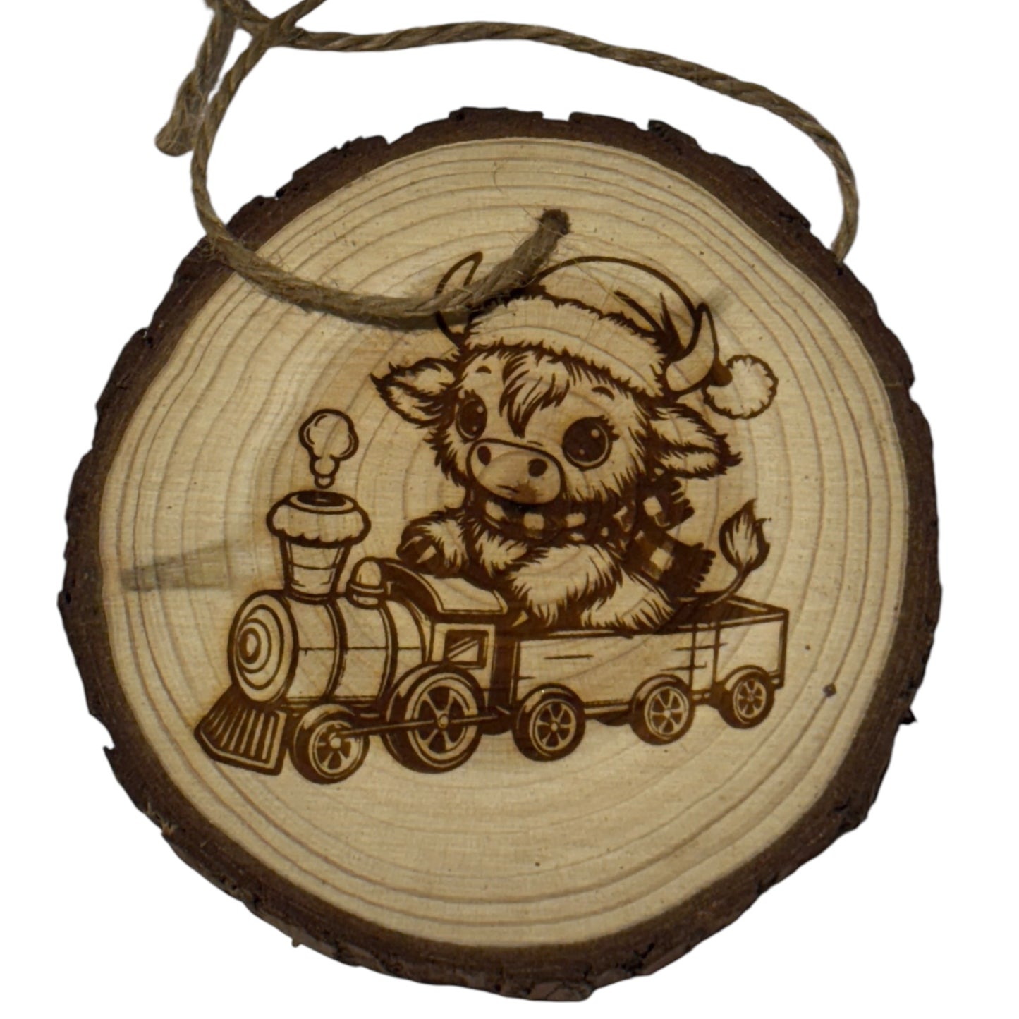 Highland Cow Train Christmas Ornament – Engraved Rustic Wood Slice with Year & Custom Back (3–4”)