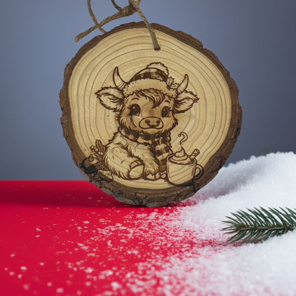Highland Cow Christmas Ornament – Winter Hat & Cocoa Engraved Wood Slice (Rustic 3–4”)