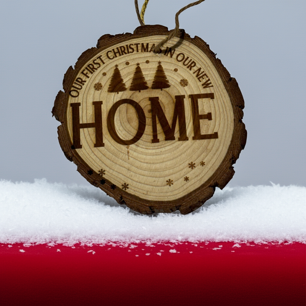 Our First Christmas in Our New Home Ornament – Personalized Engraved Wood Slice (Rustic 3–4”)