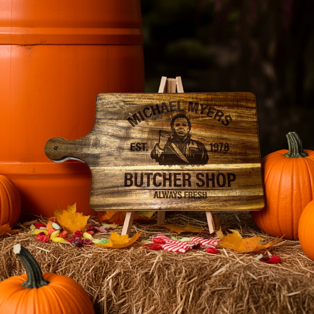 Michael Myers “Butcher Shop” Engraved Board – 16” x 9” | Halloween Kitchen Decor, Horror Fan Gift