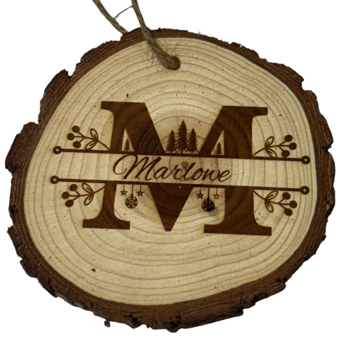 Personalized Last Name Ornament – Rustic Wood Slice with Year Engraving (One Word Custom Front Only)