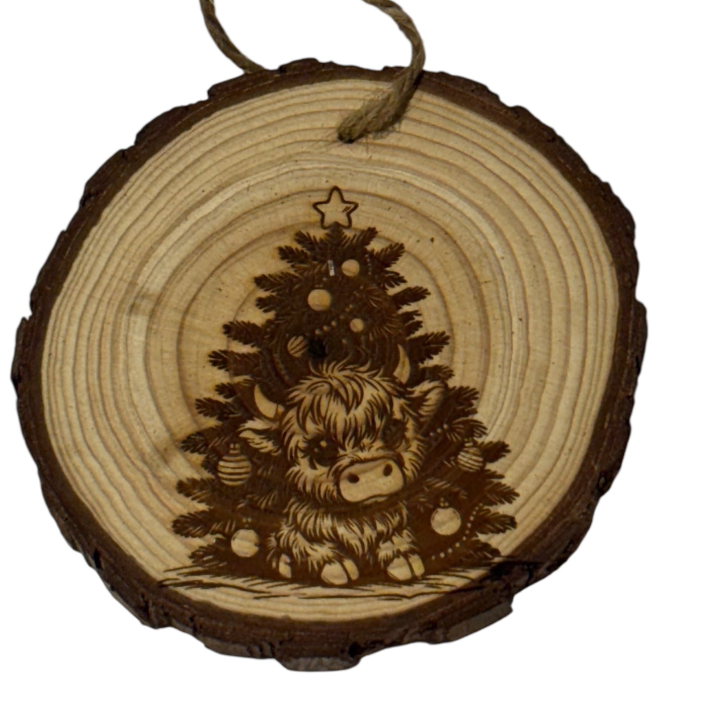 Highland Cow Christmas Ornament – Limited Edition Engraved Wood Slice (Rustic 3–4”)