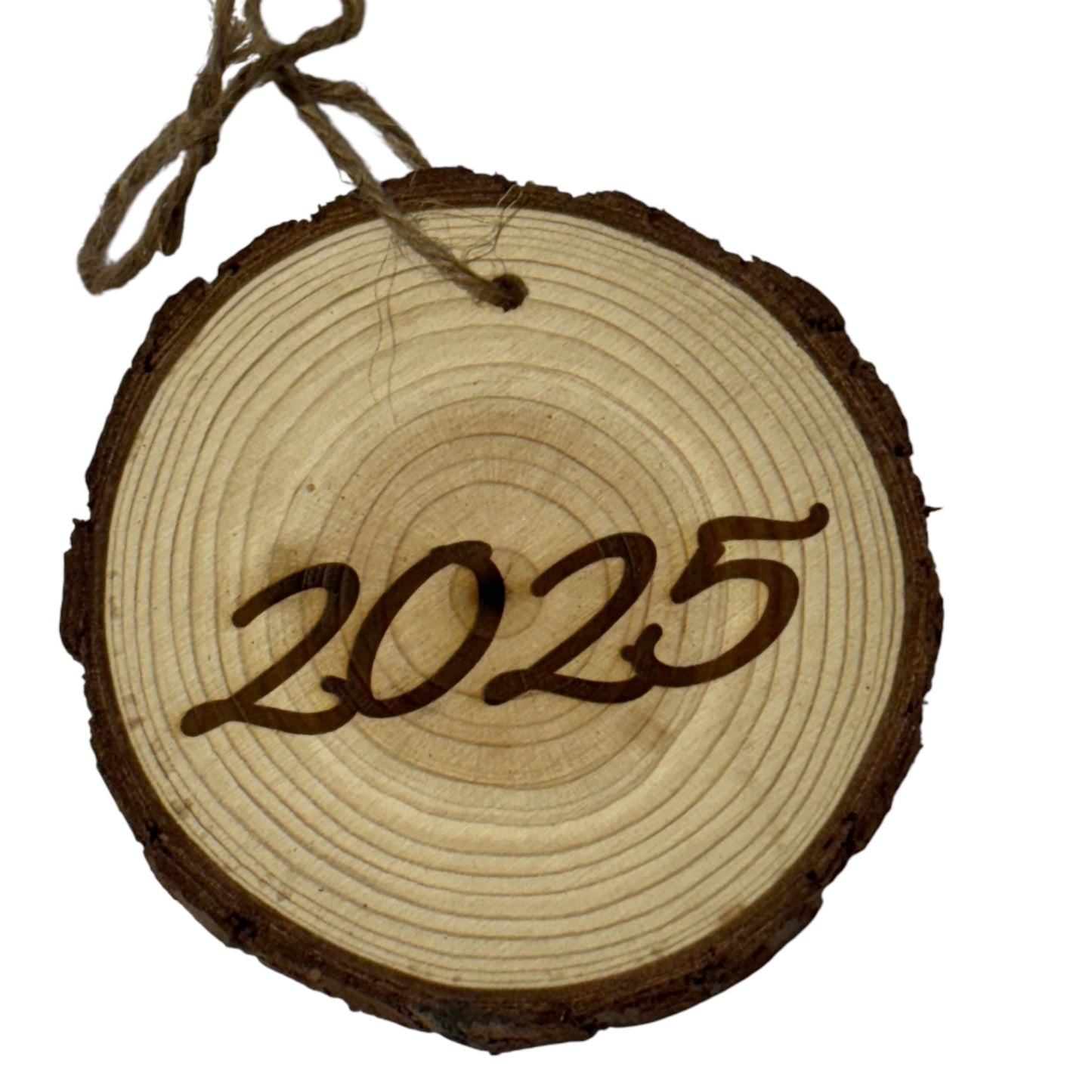 Personalized Last Name Ornament – Rustic Wood Slice with Year Engraving (One Word Custom Front Only)