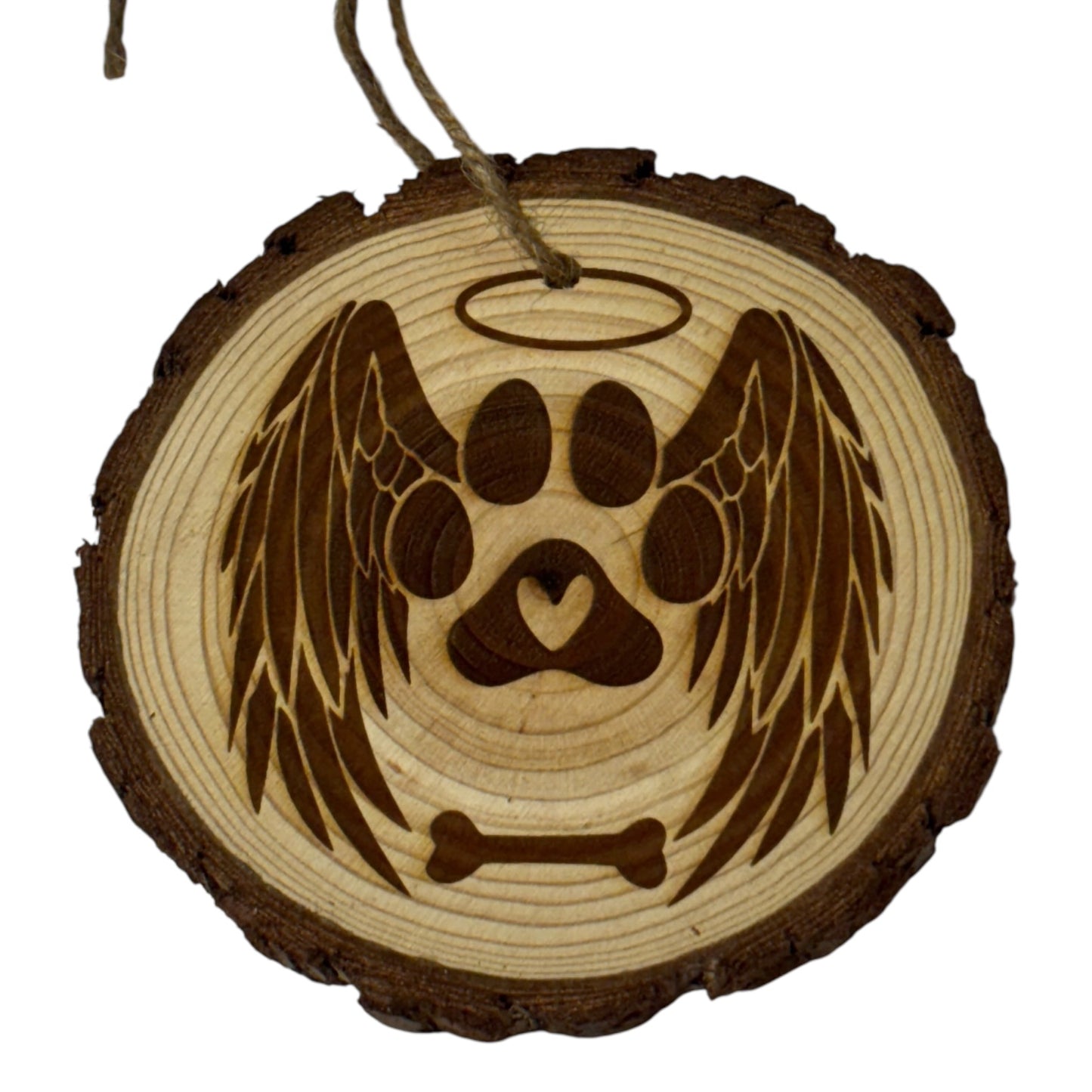 Angel Paw Pet Memorial Ornament – Custom Pet Name on Front, Year on Back – Laser Engraved Wood Slice