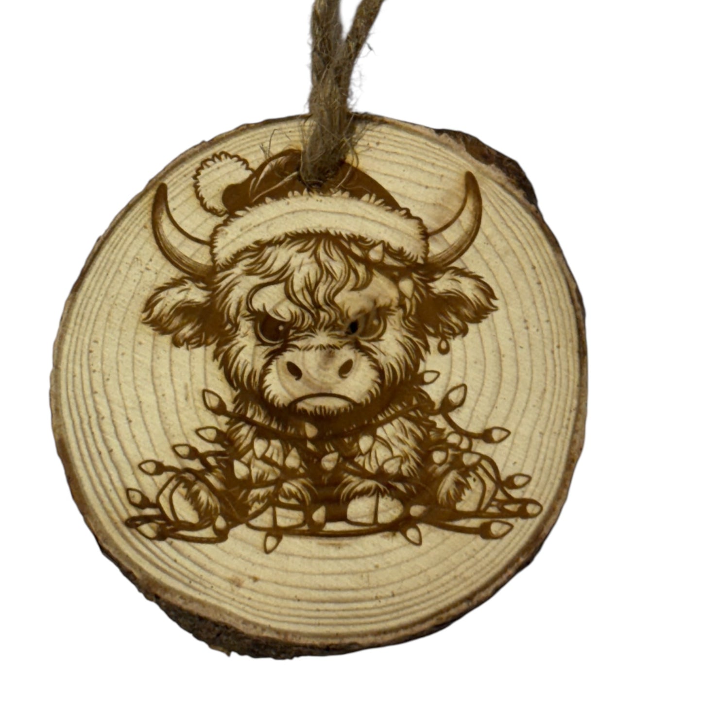 Grumpy Highland Cow Christmas Ornament – Laser Engraved Wood Slice – Limited Edition