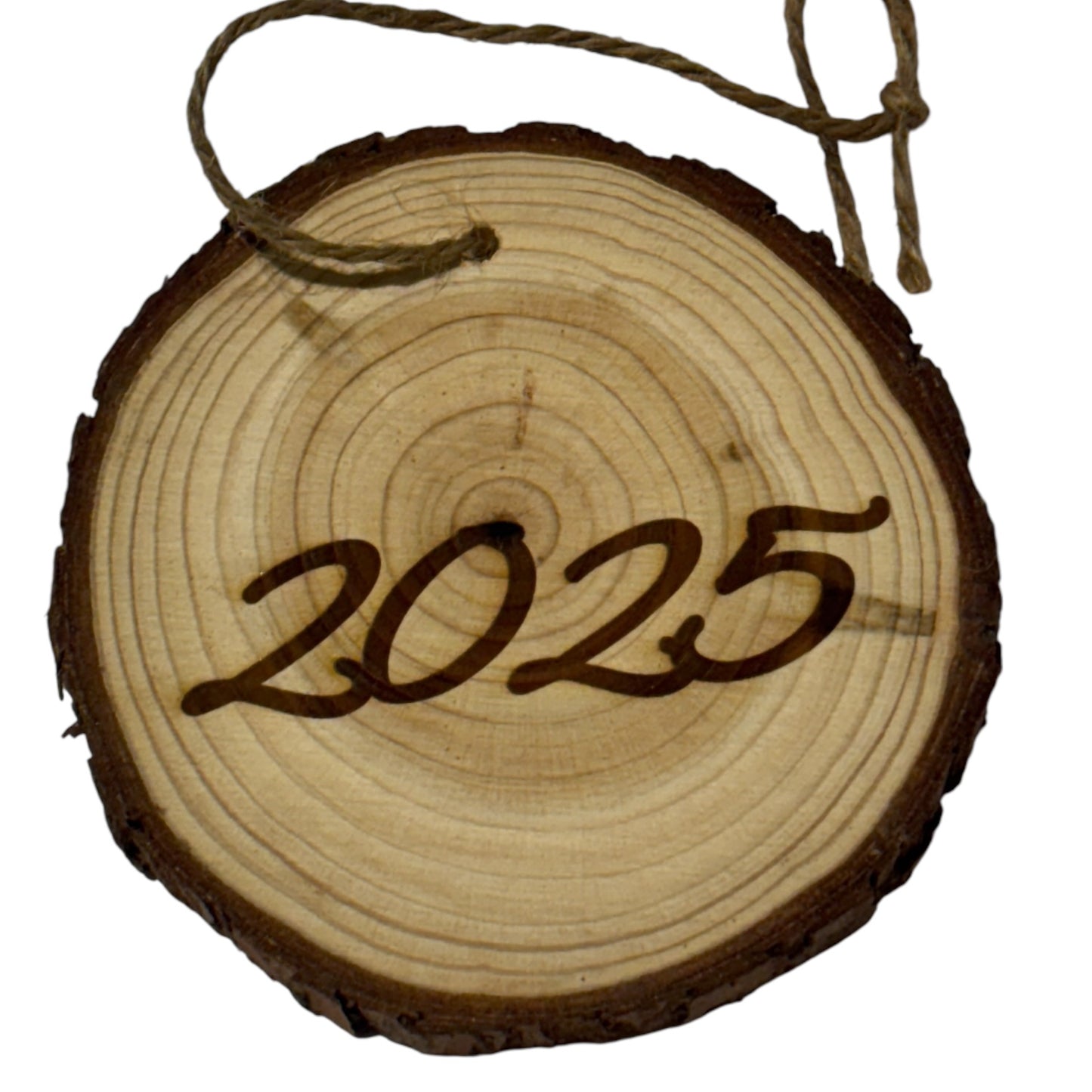 Highland Cow Train Christmas Ornament – Engraved Rustic Wood Slice with Year & Custom Back (3–4”)