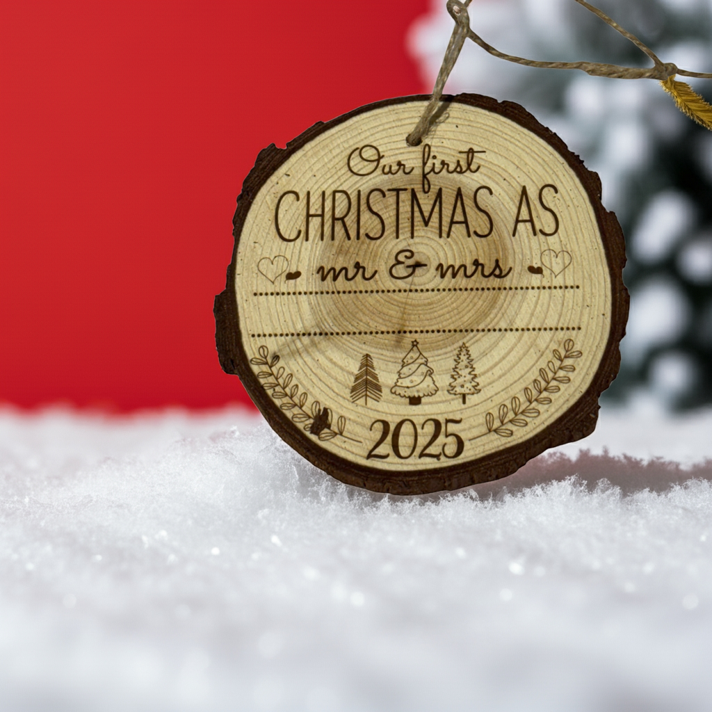 Our First Christmas as Mr & Mrs Ornament 2025 – Personalized Engraved Wood Slice (Rustic 3–4”)