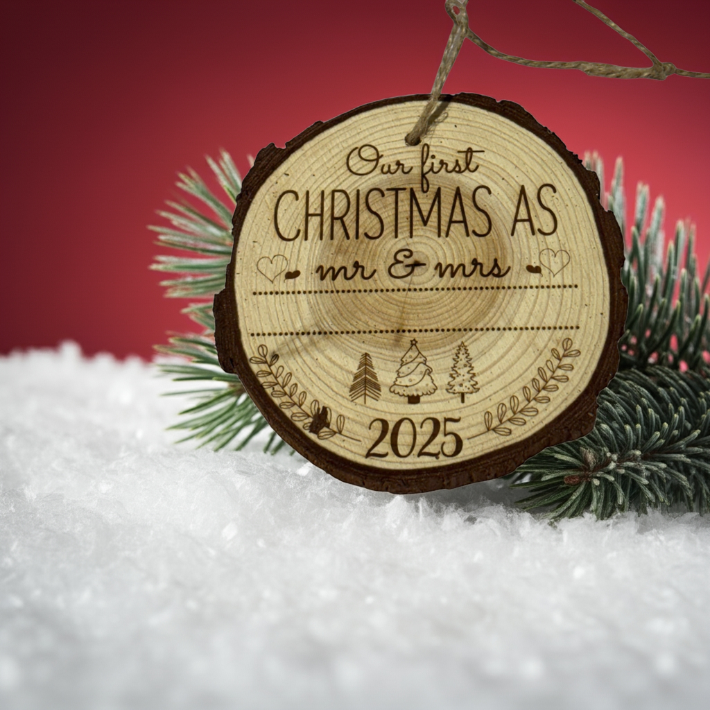 Our First Christmas as Mr & Mrs Ornament 2025 – Personalized Engraved Wood Slice (Rustic 3–4”)