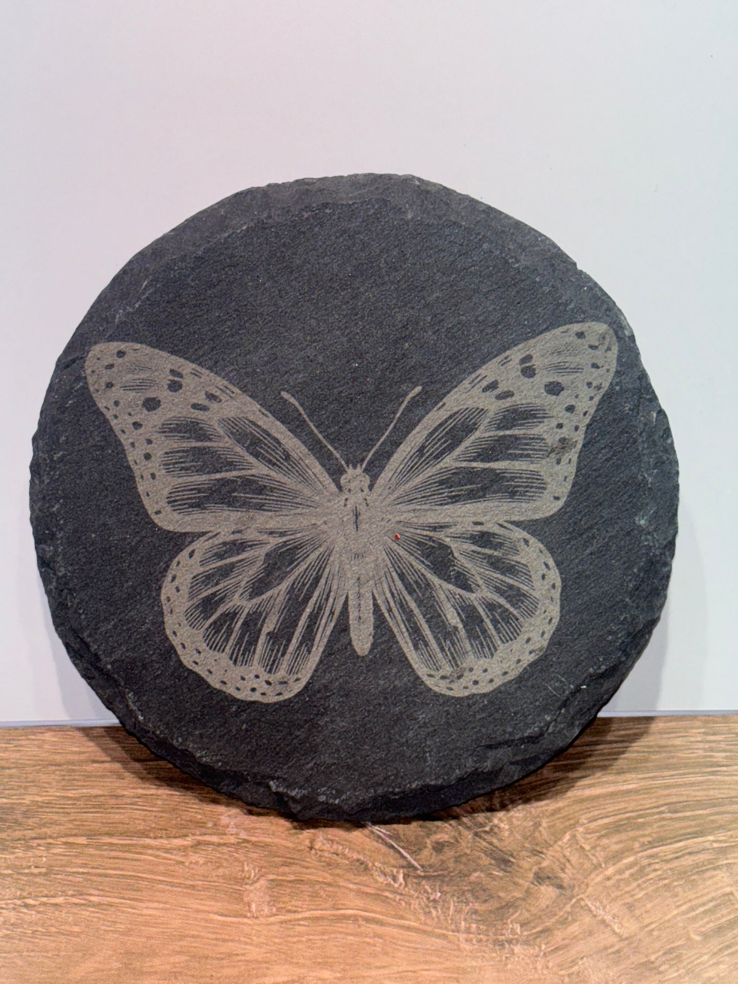Engraved Butterfly Slate Coaster – 4 Inch Round