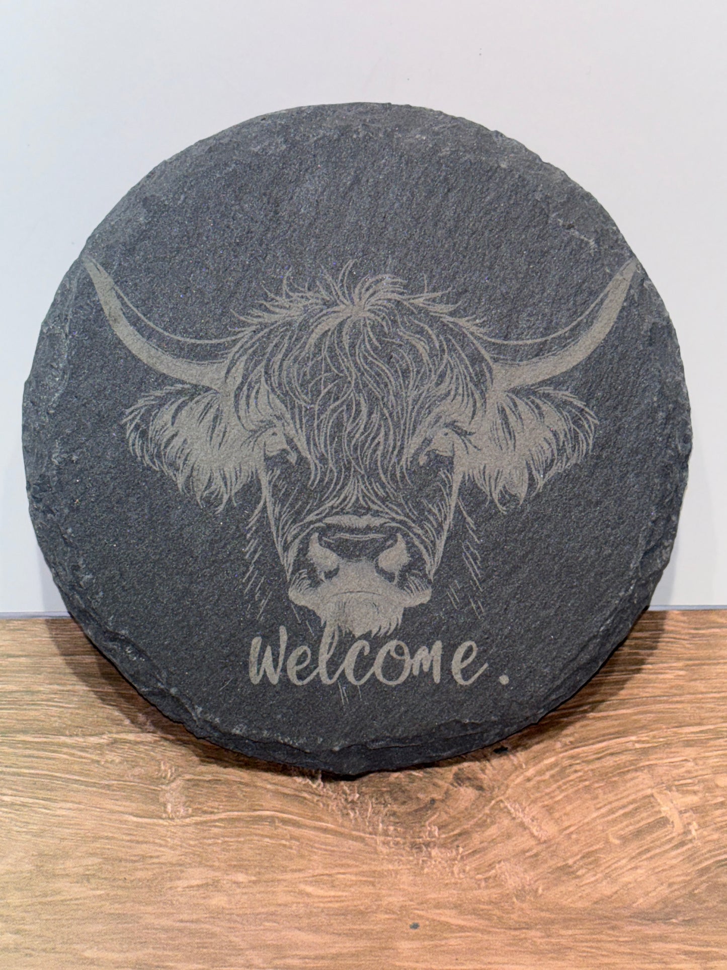 Highland Cow Welcome Engraved Slate Coaster – 4 Inch Round