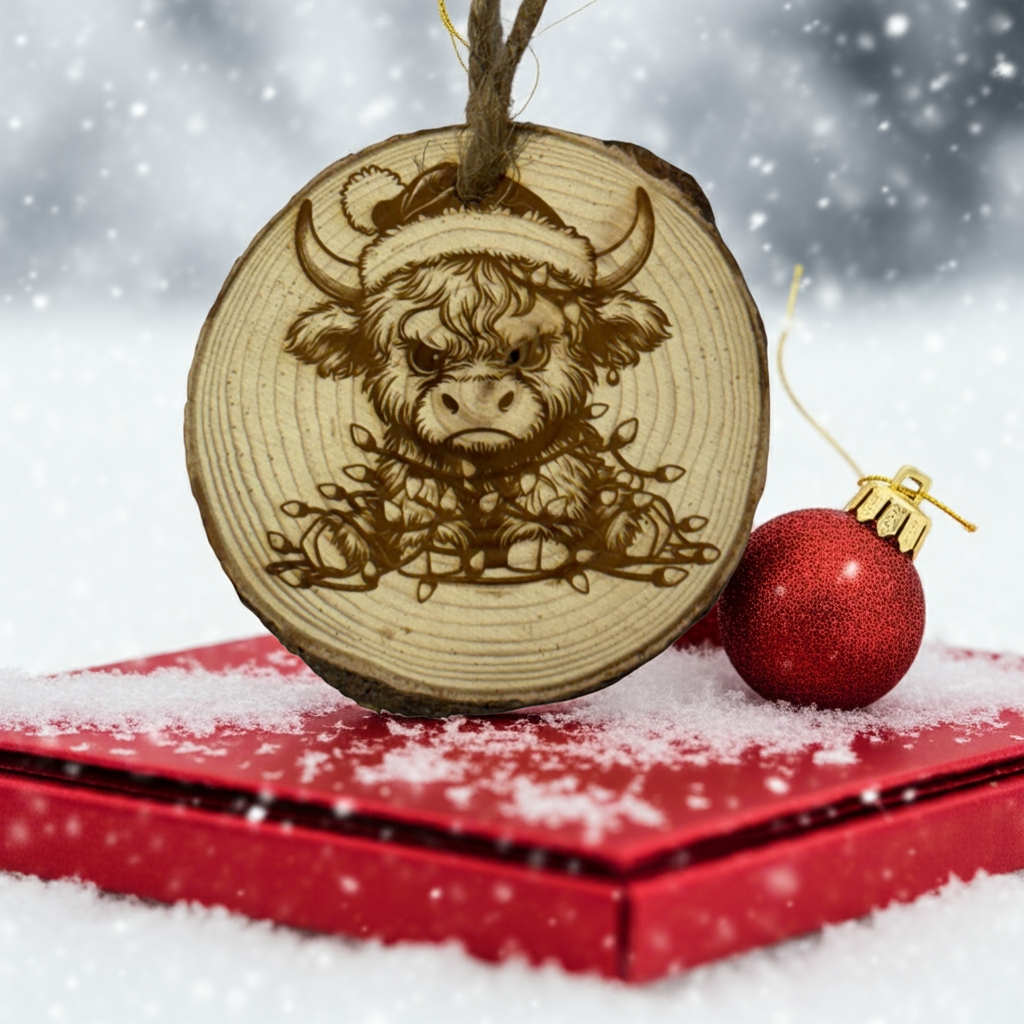 Grumpy Highland Cow Christmas Ornament – Laser Engraved Wood Slice – Limited Edition