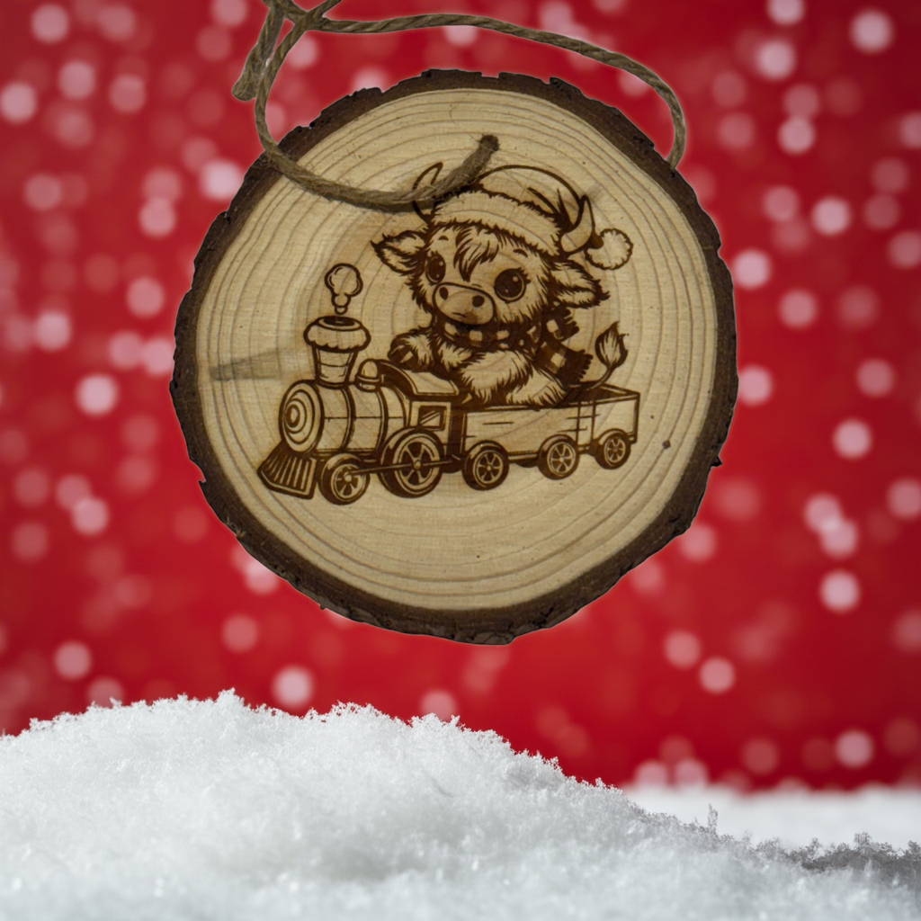 Highland Cow Train Christmas Ornament – Engraved Rustic Wood Slice with Year & Custom Back (3–4”)