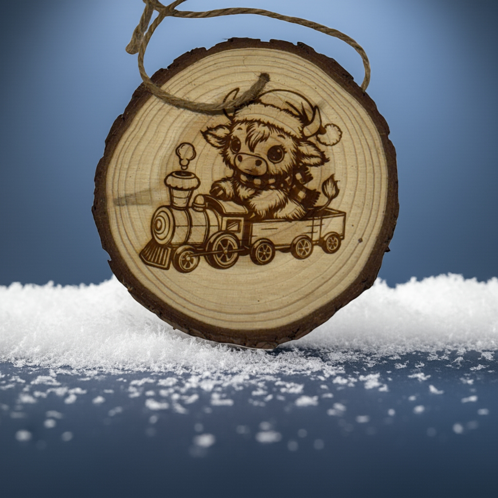 Highland Cow Train Christmas Ornament – Engraved Rustic Wood Slice with Year & Custom Back (3–4”)