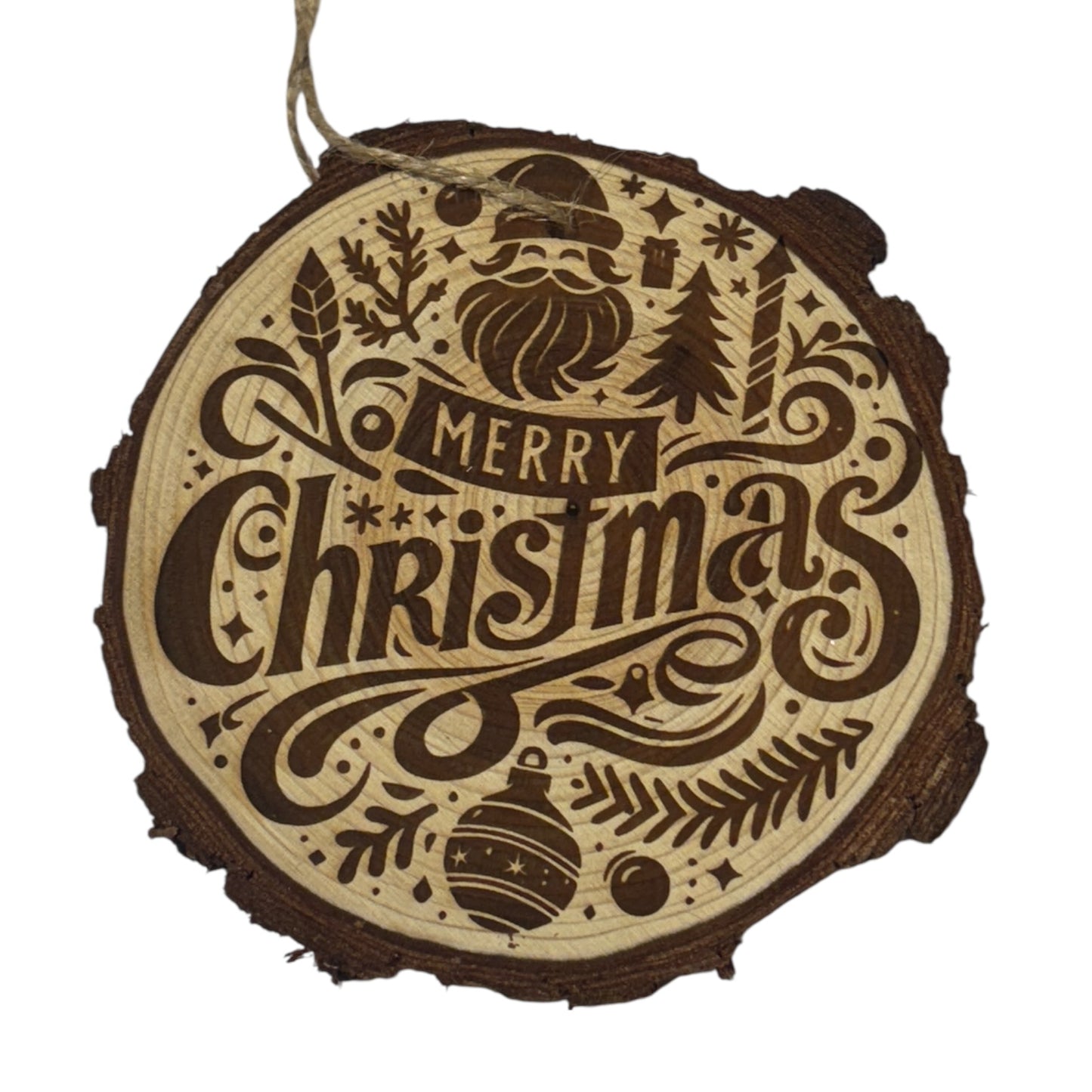 Engraved Custom Merry Christmas Wood Slice Ornament – Live Edge (3–4”)