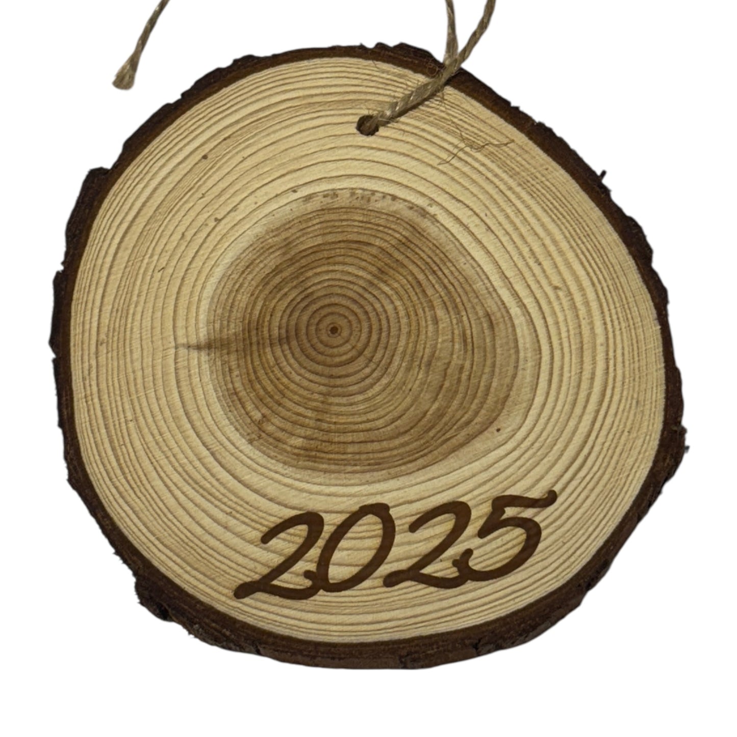 Engraved Custom Merry Christmas Wreath Wood Slice Ornament – Live Edge (3–4”)