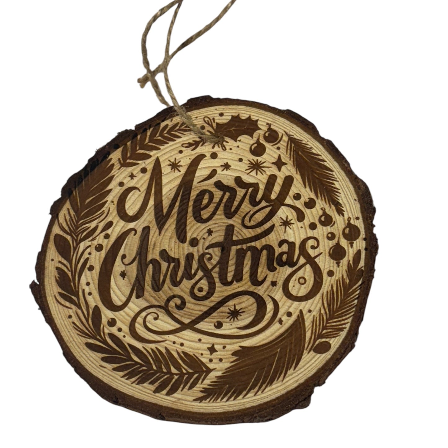Engraved Custom Merry Christmas Wreath Wood Slice Ornament – Live Edge (3–4”)