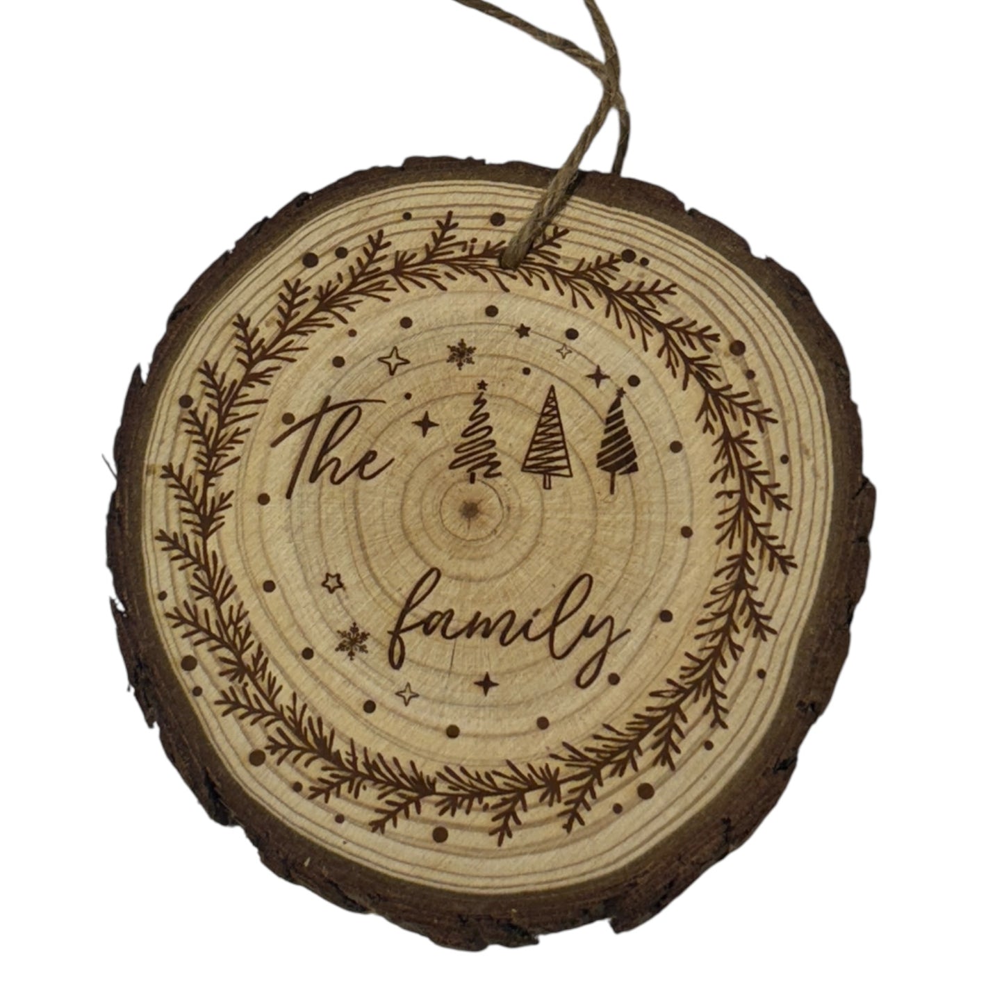 Engraved Family Wreath Last Name Wood Slice Ornament – Live Edge (3–4”)