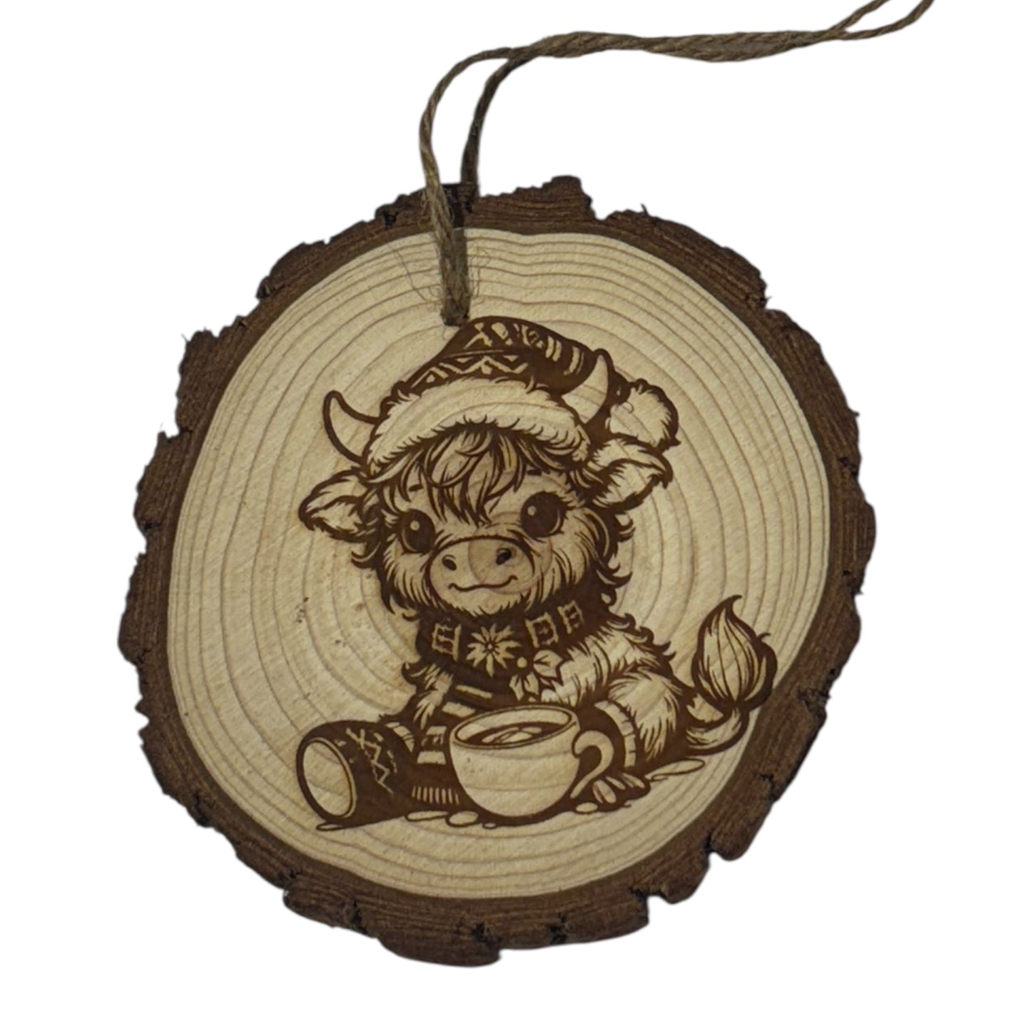 Limited Edition Highland Cow with Cocoa Christmas Ornament – Engraved Rustic Wood Slice (3–4”)