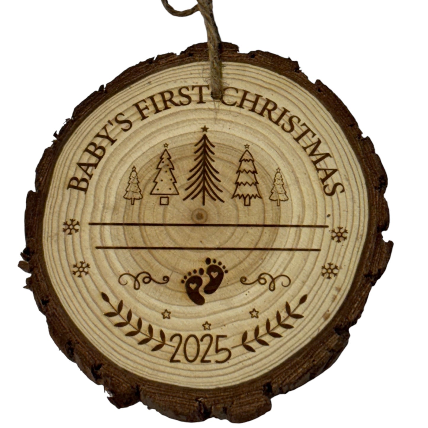 Baby’s First Christmas Ornament 2025 – Personalized Engraved Wood Slice Keepsake (3–4”)