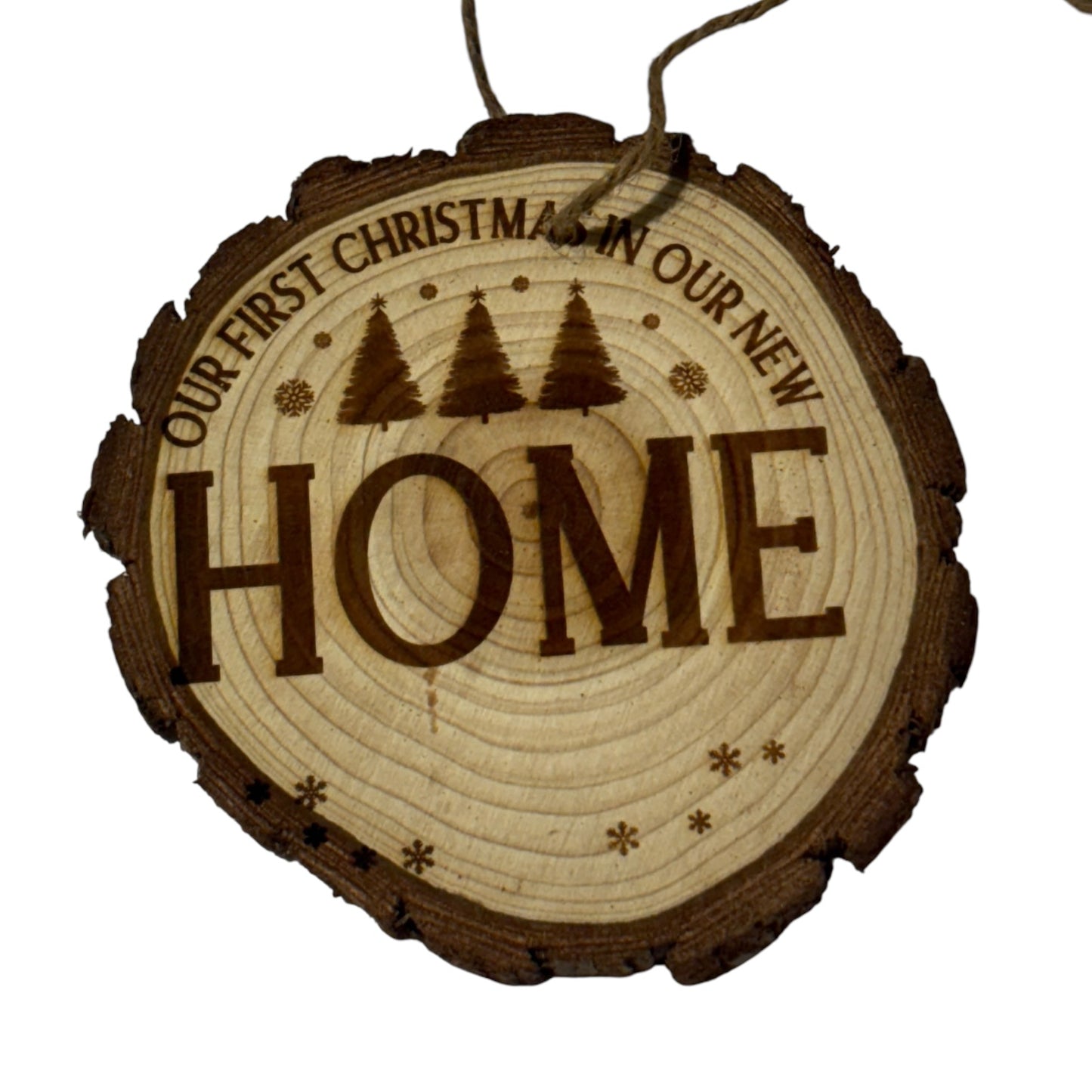 Our First Christmas in Our New Home Ornament – Personalized Engraved Wood Slice (Rustic 3–4”)