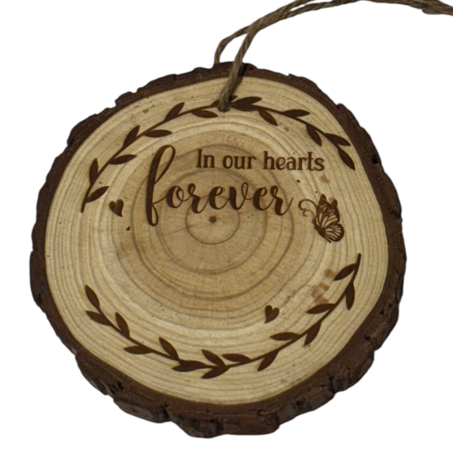 n Our Hearts Forever Memorial Ornament – Personalized Engraved Wood Slice (Rustic 3–4”)