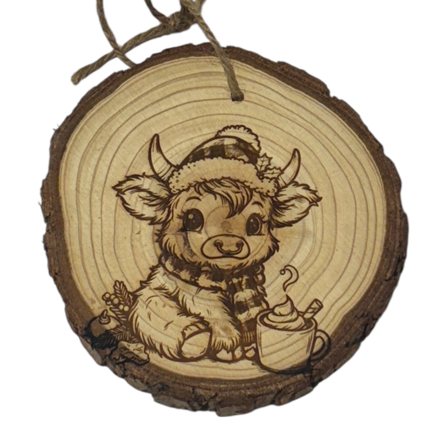 Highland Cow Christmas Ornament – Winter Hat & Cocoa Engraved Wood Slice (Rustic 3–4”)