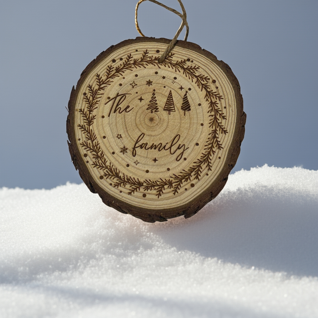 Engraved Family Wreath Last Name Wood Slice Ornament – Live Edge (3–4”)