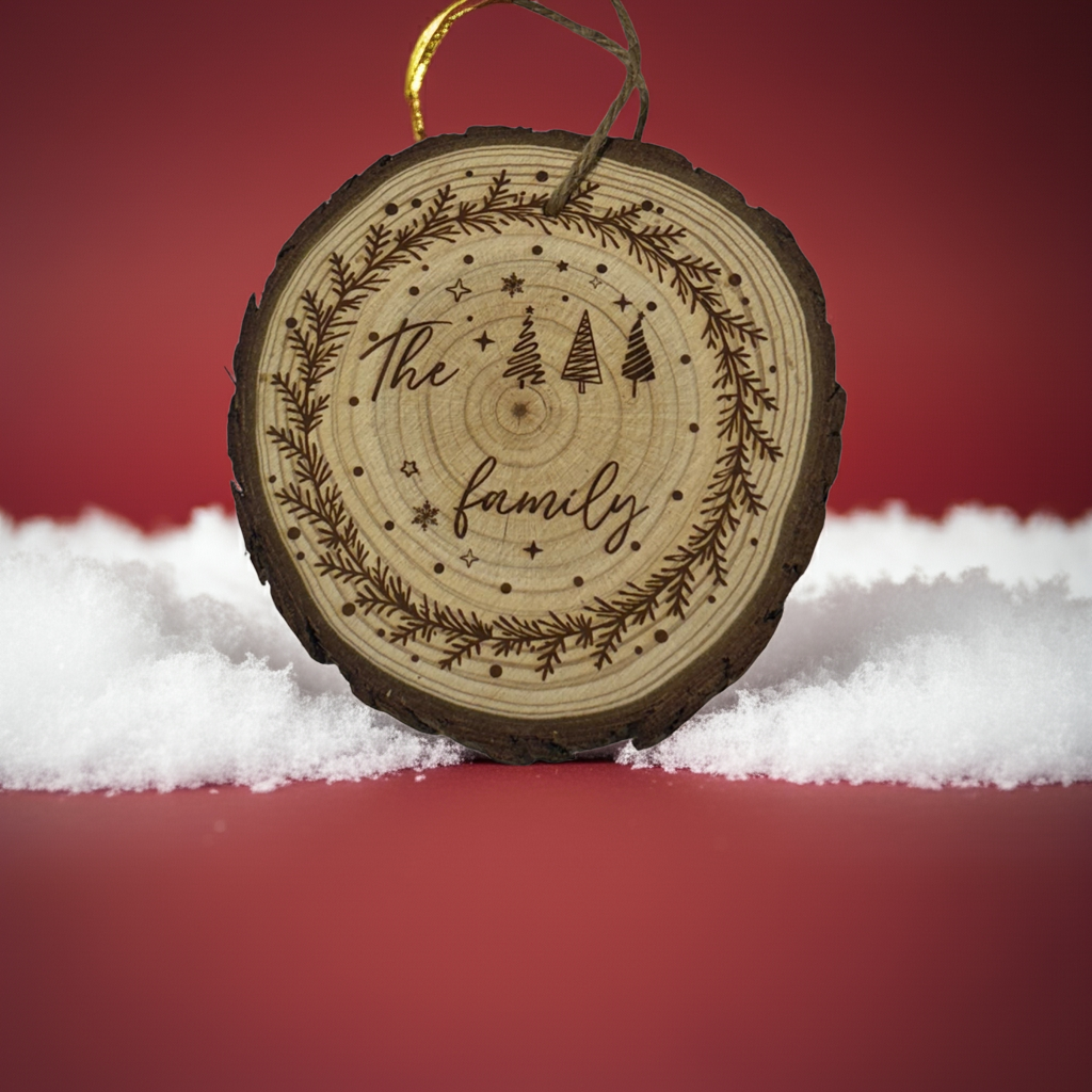 Engraved Family Wreath Last Name Wood Slice Ornament – Live Edge (3–4”)