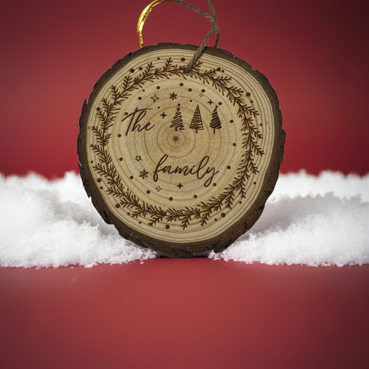 Engraved Family Wreath Last Name Wood Slice Ornament – Live Edge (3–4”)
