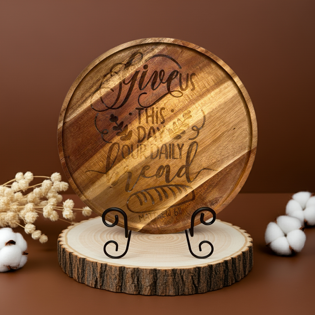 Engraved Round Bread Tray – “Give Us This Day Our Daily Bread” | 11.5” Acacia Scripture Décor