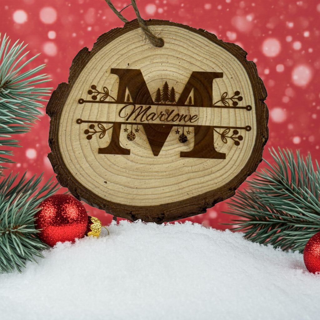 Personalized Last Name Ornament – Rustic Wood Slice with Year Engraving (One Word Custom Front Only)