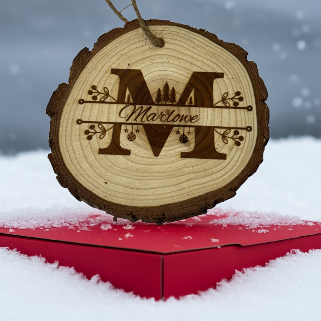 Personalized Last Name Ornament – Rustic Wood Slice with Year Engraving (One Word Custom Front Only)