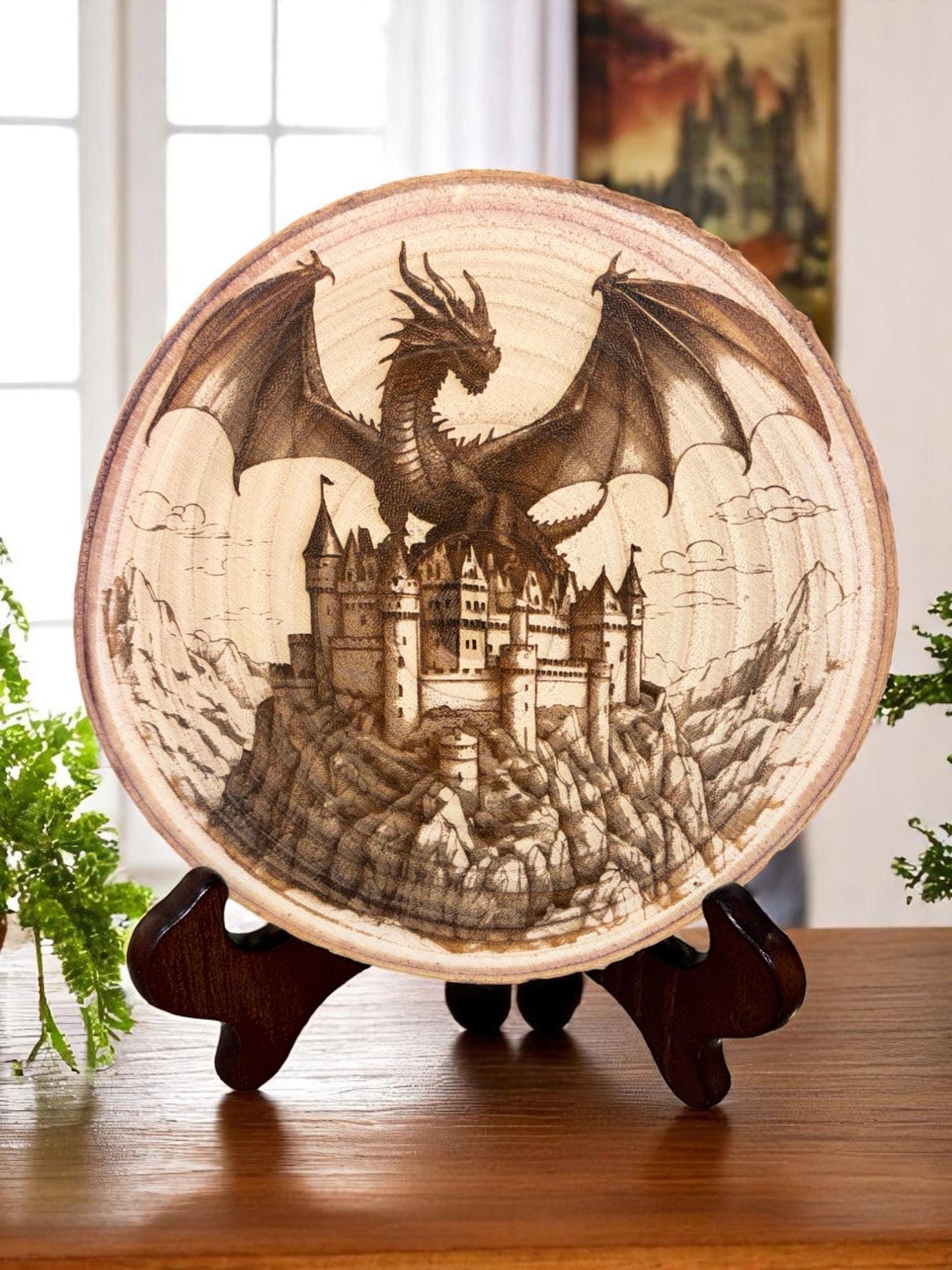 Dragon Castle Engraved Wood Slice – 8 to 10 Inch Round-Fantasy Home Decor