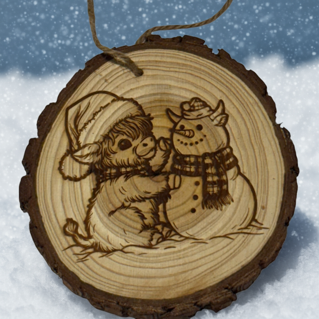 Highland Cow & Snowman Christmas Ornament – Laser Engraved Wood Slice – Limited Edition Farmhouse Decor