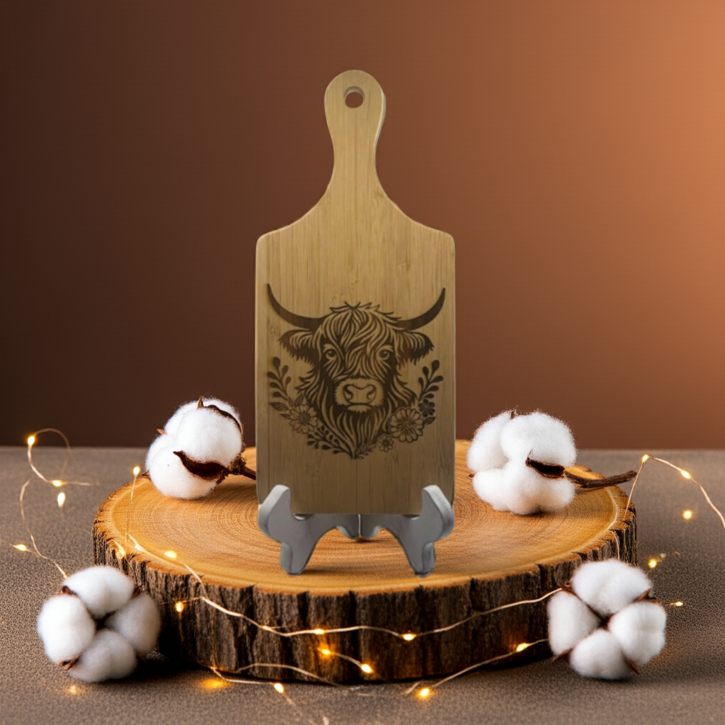 Engraved Highland Cow Bamboo Paddle Board – Rustic Kitchen Decor (11.5x5”)