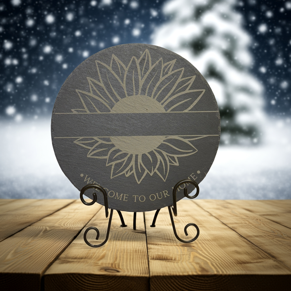 Engraved Round Slate Sign – “Welcome to Our Home” | Sunflower Design | 9.5” Rustic Decor