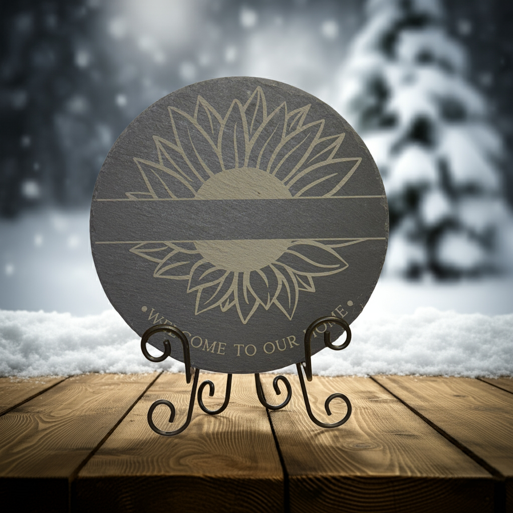 Engraved Round Slate Sign – “Welcome to Our Home” | Sunflower Design | 9.5” Rustic Decor