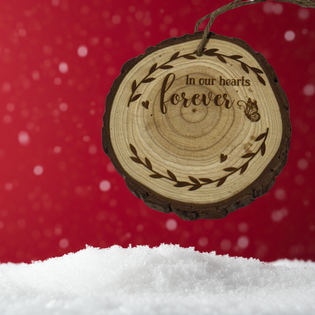 n Our Hearts Forever Memorial Ornament – Personalized Engraved Wood Slice (Rustic 3–4”)