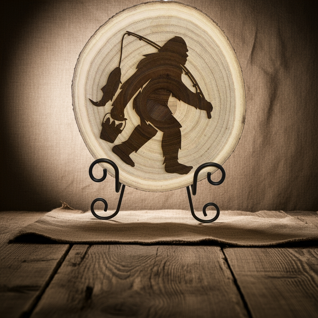 Bigfoot Fishing Engraved Wood Slice β Rustic Decor for the Mythically Outdoorsy