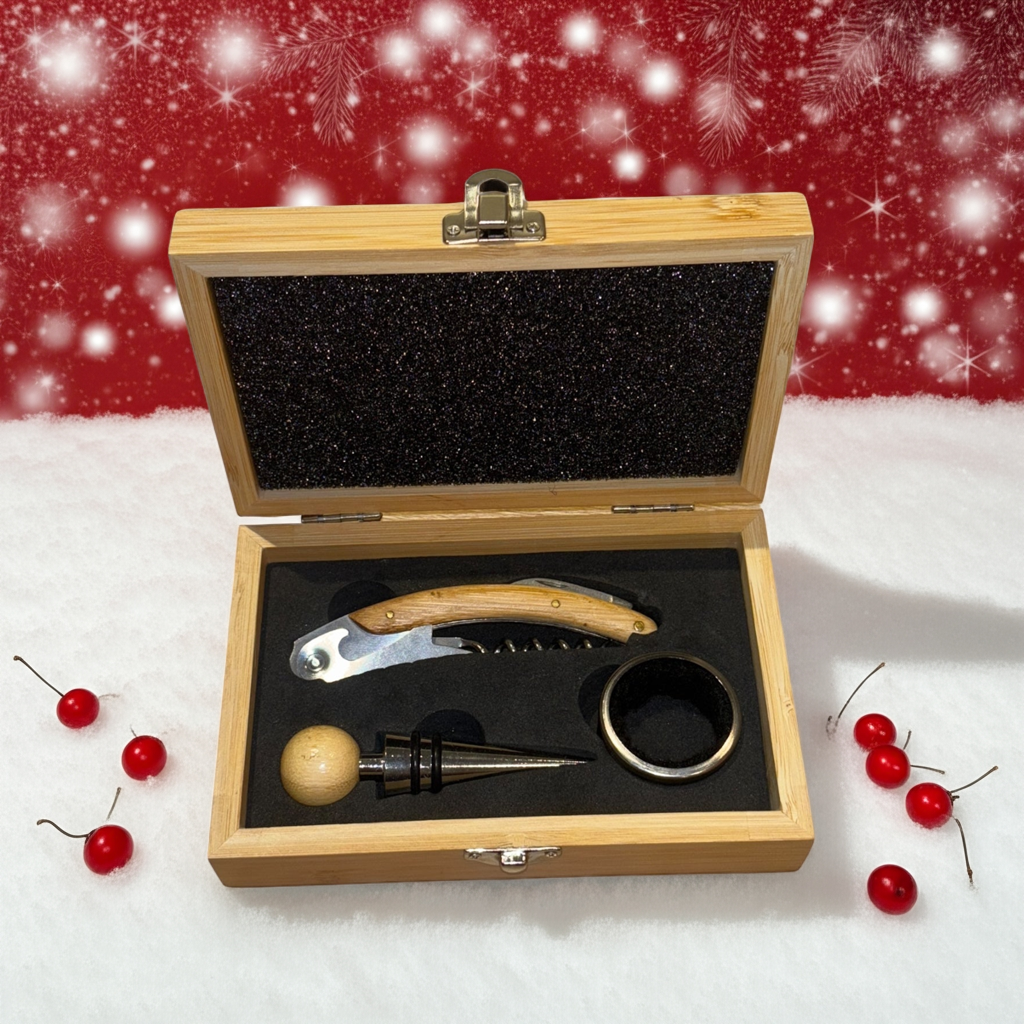 Custom Engraved Bamboo Wine Tool Gift Set – Personalized 3-Piece Wine Accessories in Box