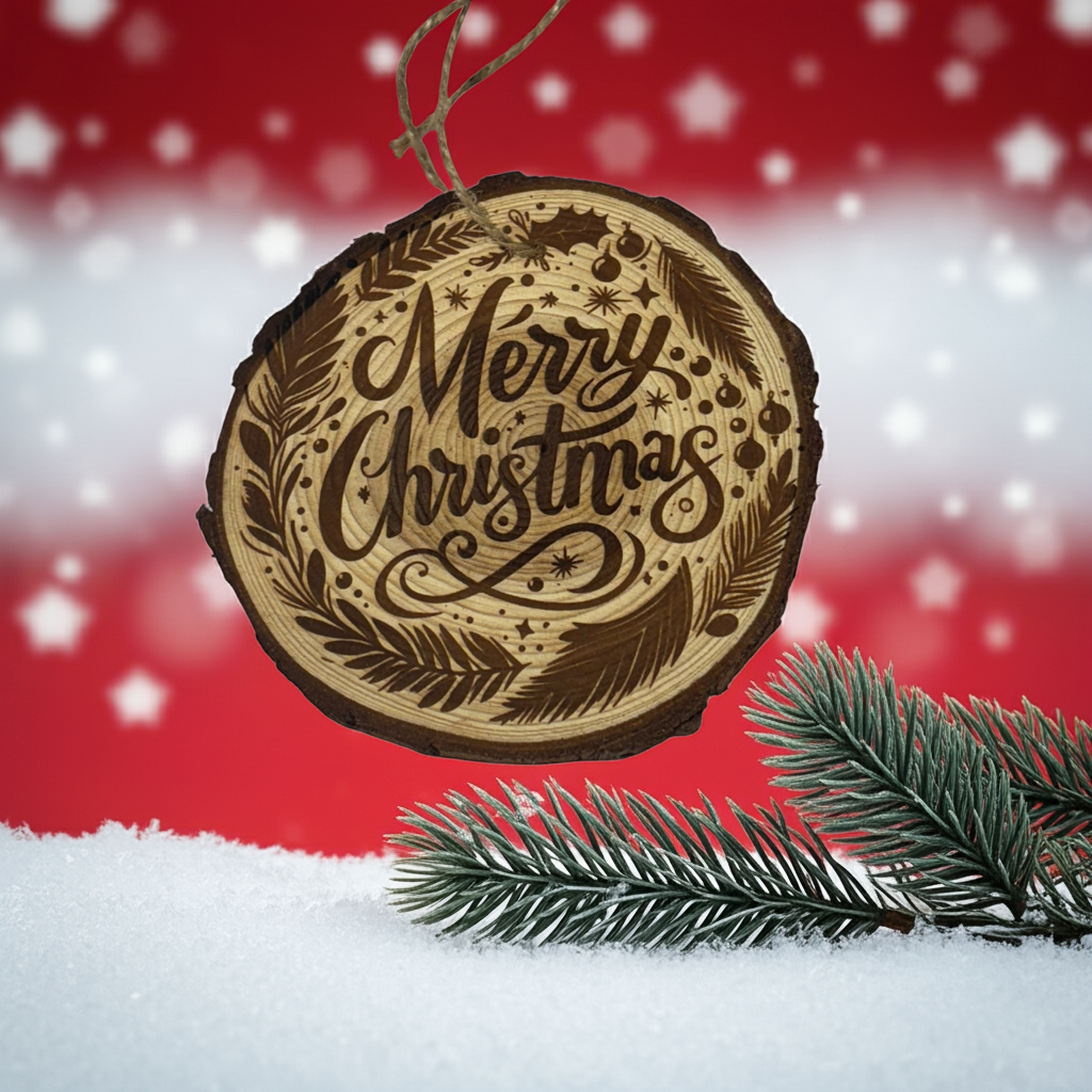 Engraved Custom Merry Christmas Wreath Wood Slice Ornament – Live Edge (3–4”)