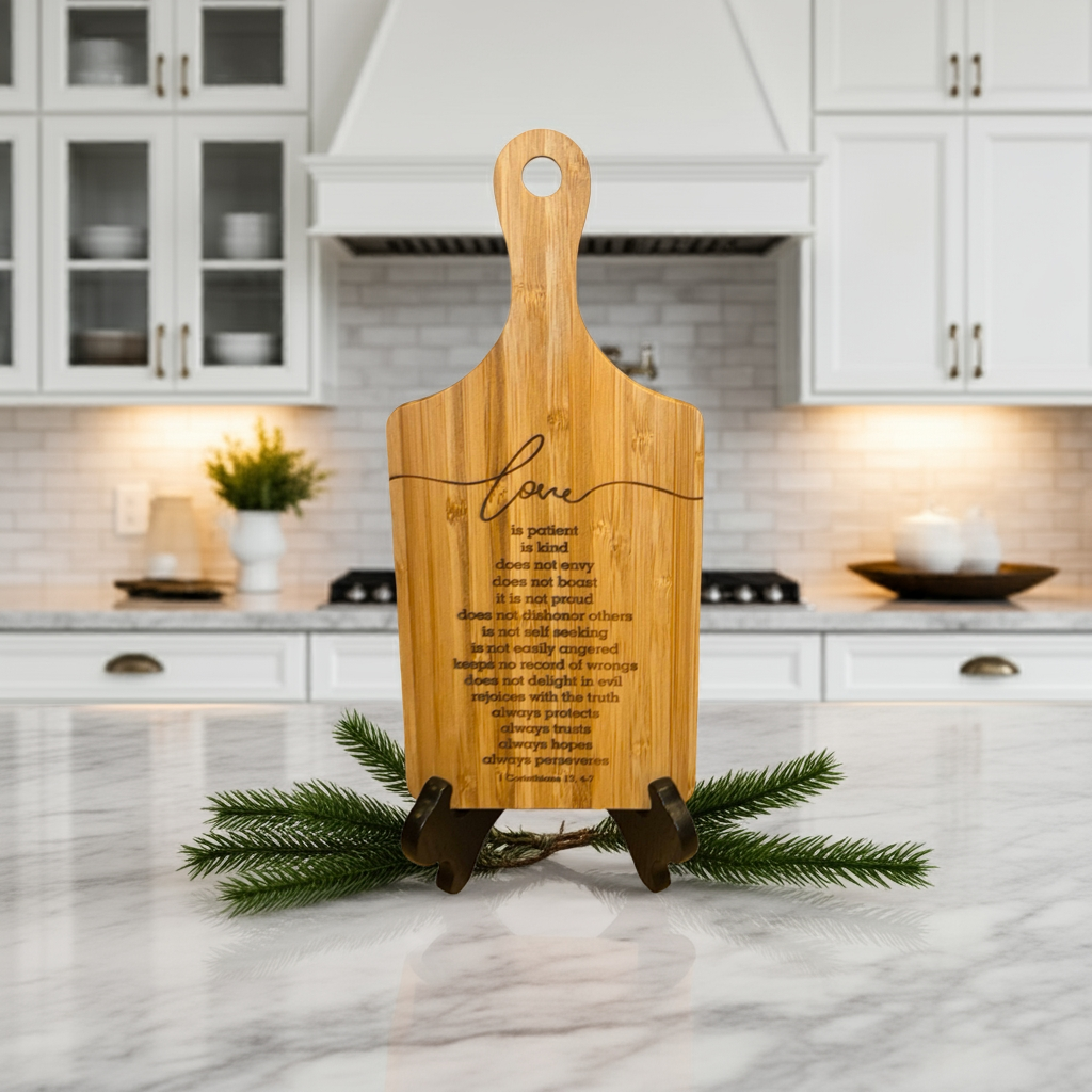Engraved Bamboo Scripture Board – 1 Corinthians 13:4–7 | “Love Is Patient” Mini Cutting Board