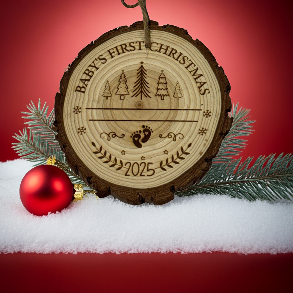 Baby’s First Christmas Ornament 2025 – Personalized Engraved Wood Slice Keepsake (3–4”)