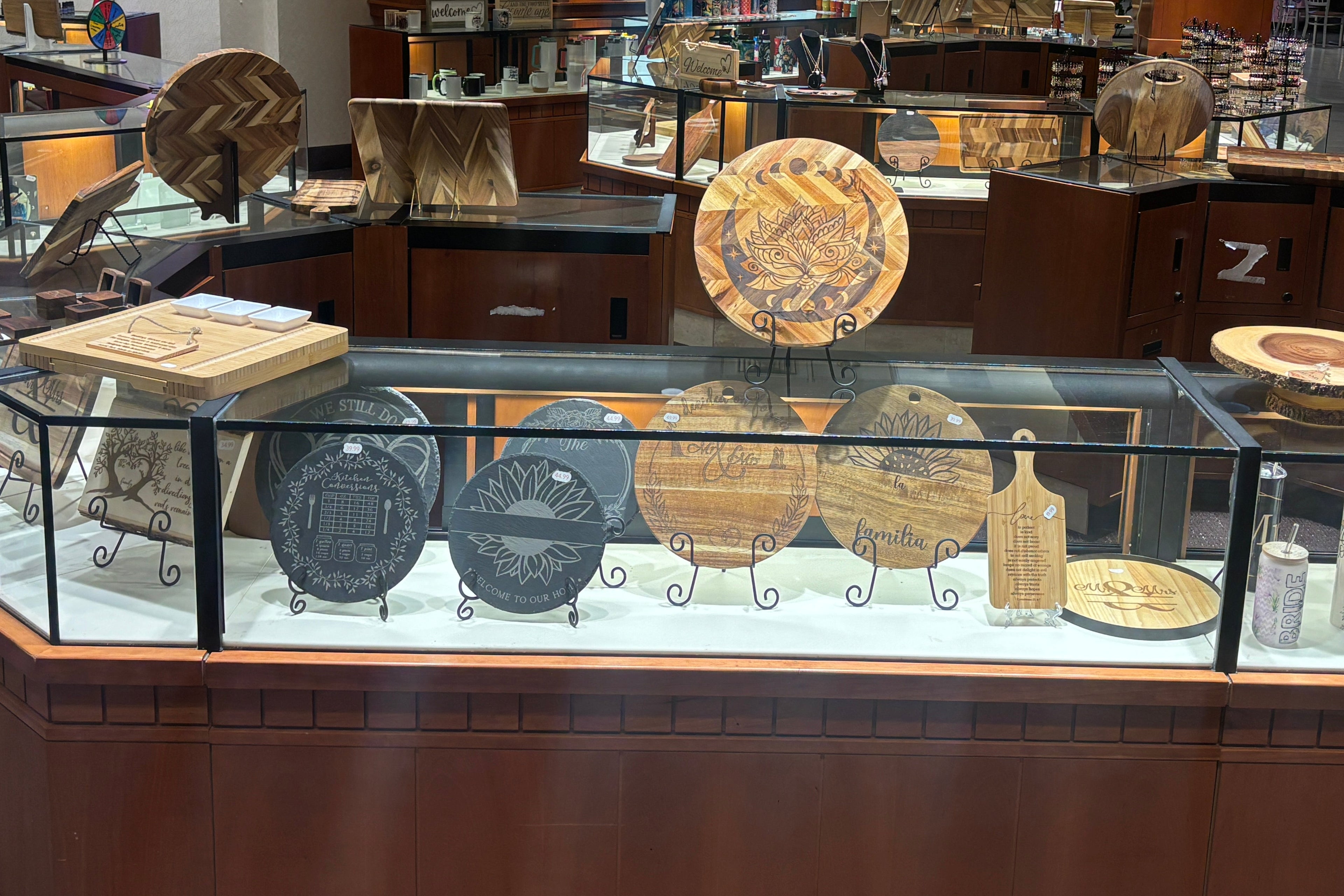 Display case with decorative items in a store setting
