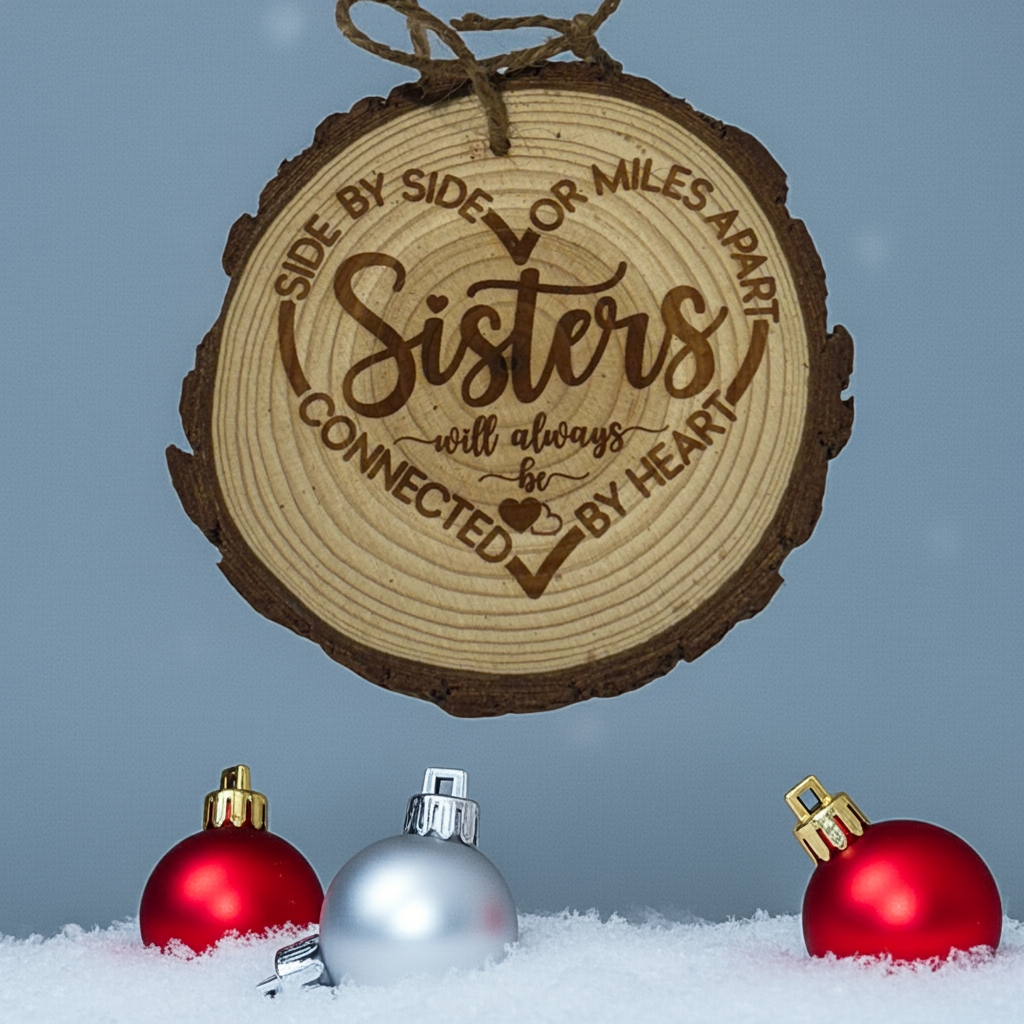 Personalized Sisters Christmas Ornament – Engraved Wood Slice Keepsake (Rustic Live Edge 3–4”)