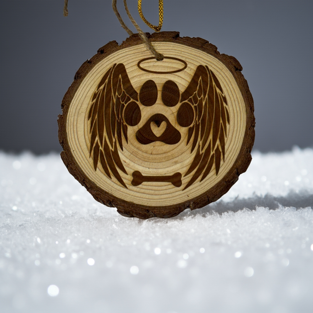 Angel Paw Pet Memorial Ornament – Custom Pet Name on Front, Year on Back – Laser Engraved Wood Slice