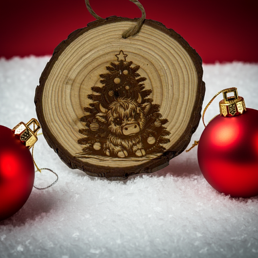 Highland Cow Christmas Ornament – Limited Edition Engraved Wood Slice (Rustic 3–4”)
