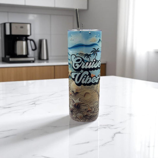 Cruise Vibes Tumbler – 20oz Tropical Beach Travel Mug – Vacation Gift for Her – Ocean Theme Stainless Steel Cup with Straw